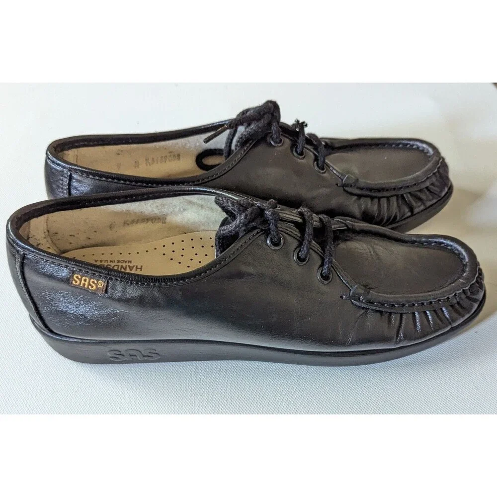 SAS Siesta Women 7N Black Leather Handsewn Oxfords Moc Toe Lace Up Shoes